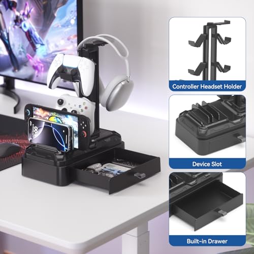 KDD Headphone Stand with Drawer - Rotatable Headset & Detachable Controller Holder for Desk - Multifunctional Organizer with Device Slot for Phones, Tablets - Universal for Gaming Accessories