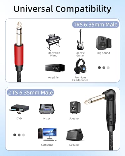 Guitar Cable 1/4 inch TRS Stereo to Right Angle Dual 1/4 inch TS Mono Insert Cable,Stereo Y Splitter Cable,6.35mm TRS Male to 90 Degree Dual 6.35mm TS Male Audio Cord(5.9FT/1.8M) - style: 6.35 TRS to 90 Dual 6.35 TS（5.9FT/1.8M）
