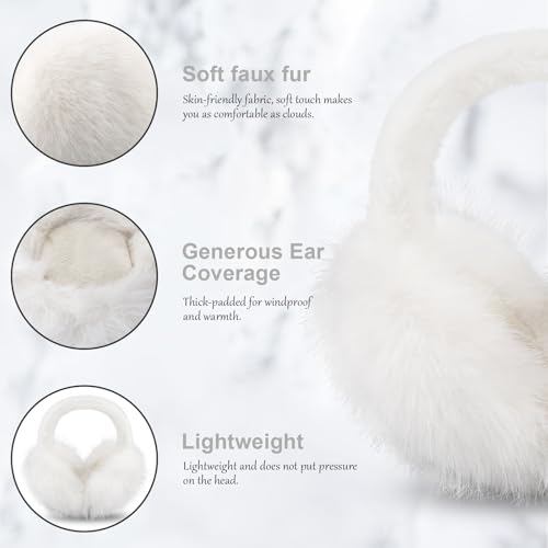 Earmuffs for Women Girls Faux Fur Fuzzy Headband Foldable Ear Covers Cold Weather Accessory - color: White