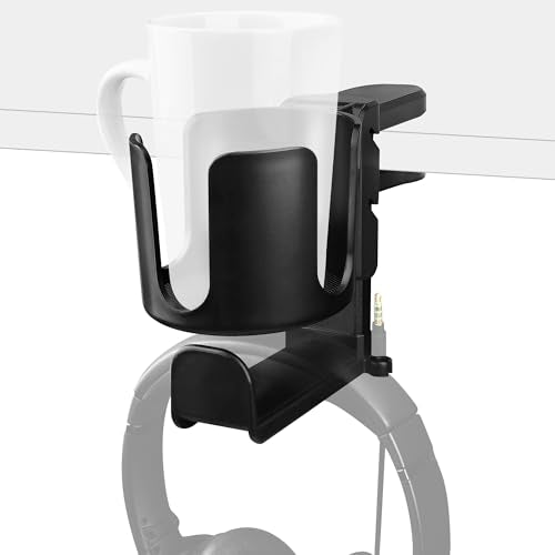 GEEKRIA 2 in 1 Headphone Hanger&Desk Cup Holder, Under Desk Clamp Rotatable Headset Compatible with Sennheiser, Bose, Beats, Razer, HyperX, Sony, Suitable for Coffee Mugs, Water Cups (Black) - color: Black