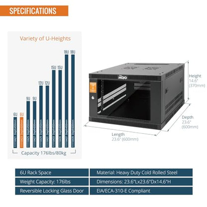 Tecmojo 6U Wall Mount Rack Cabinet, Heavy-Duty 176 Lbs High Load Capacity, 19” Enclosed Server Network Rack with 2 Colling Fans, Glass Door, 23.6” Deep – Elite Collection - size: 6U/23.6in Depth/Glass Door