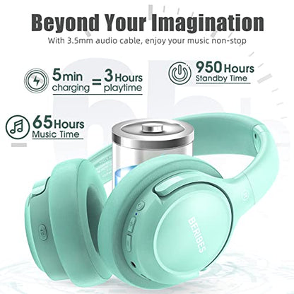 BERIBES Bluetooth Headphones Over Ear Wireless HiFi Stereo Headsets 65H 6EQ | Bluetooth 6.0,with Built-in HD Mic,Foldable Lightweight,Comfort Fit,Fast Charging,Deep Bass for Home Office Cellphone PC Ect. - color: Green