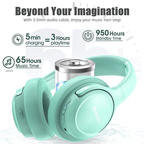 BERIBES Bluetooth Headphones Over Ear Wireless HiFi Stereo Headsets 65H 6EQ | Bluetooth 6.0,with Built-in HD Mic,Foldable Lightweight,Comfort Fit,Fast Charging,Deep Bass for Home Office Cellphone PC Ect. - color: Green