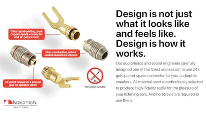 Nakamichi FanLock 24k Gold Plated Spade Y Connector Banana Plugs, 10-18 AWG | Excel Series, Gauge Size 4mm for Speakers Amplifier Hi-Fi Stereo Radio AV Audio Wire Cable Quick Connector, 10 Pcs (5-Pairs) - size: 10 Pcs (5-Pairs)