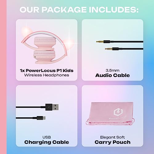 PowerLocus Bluetooth Headphones for Kids, Wireless Foldable Headphones Over Ear, Headphone with Microphone, 85DB Volume Limit, Wireless and Wired Headset with Micro SD, FM for Cellphones, Tablets, PC - color: Pink Cat Ears