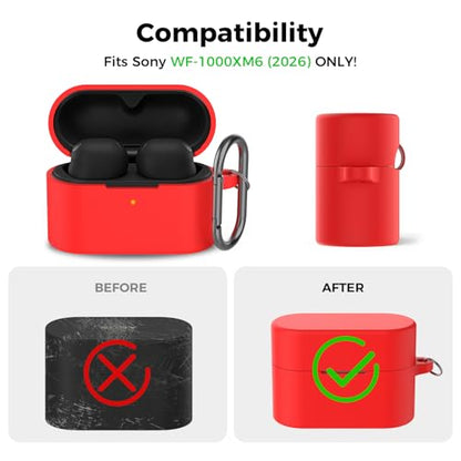AhaStyle Silicone Case for Sony WF-1000XM6 (2026) Accessories, Red | with Carabiner, LED Visible, Skin-Friendly Soft Touch, Full Protection, Shockproof, Wireless Charging, for Men Women - color: Red