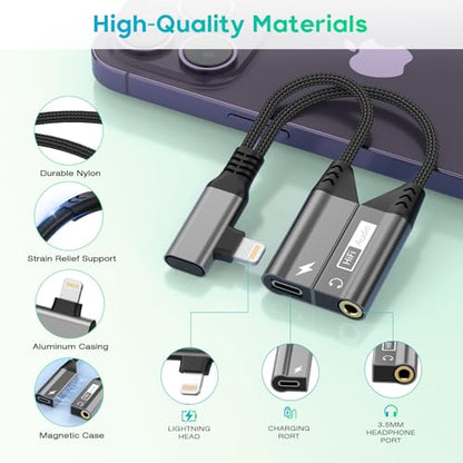 Right Angle Magnetic 2-IN-1 Lightning to 3.5mm Audio Jack Headphone and Charge Cable Adapter for iPhone,90 Degree Earphone Converter Splitter Support Music+Charge+HiFi+Mic for iPhone14 13 12 11