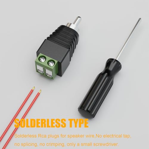 PANPEO RCA to Speaker Wire Adapter 12-Pack Solderless 14AWG | RCA male solderless speaker wire adapter, No soldering no crimping, Screwdriver included, Max 14AWG, For speakers/CCTV/audio