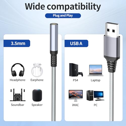 USB to Audio Jack Adapter, External Sound Card Jack Audio Adapter, USB-A to 3.5mm TRRS Female Headset for PS4/PS5/Headphone/Mac/Linux/PC Windows/Laptop/Desktops/Docking Station/iOS/Vista/(Gray)