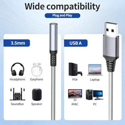 USB to Audio Jack Adapter, External Sound Card Jack Audio Adapter, USB-A to 3.5mm TRRS Female Headset for PS4/PS5/Headphone/Mac/Linux/PC Windows/Laptop/Desktops/Docking Station/iOS/Vista/(Gray)