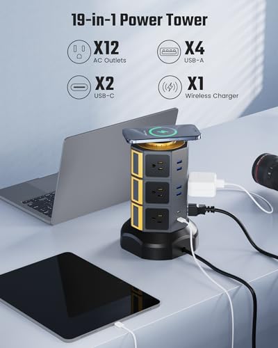Power Strip Tower, SUPERDANNY Surge Protector Tower with 15W Wireless Charger, 1050J, 13A Charging Station with 12 AC Outlets & 6 USB Ports (2 USB C), 6.5ft Extension Cord for Home Office Dorm, Gold | Surge Protector Tower, Charging Station with 12 AC Out