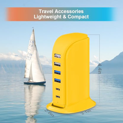 45W USB Charging Station, 6-Port Hub with 4 USB-A & 2 USB-C Ports, 5ft Cable, Yellow - color: yellow usb c charger block