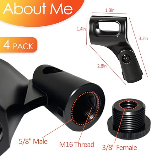 Universal Microphone Clip Holder 4 Pack, Adjustable Mic Clip Holder for Mic Stand Suitable for Handheld Microphones, Come with 5/8" Male to 3/8" Female Screw Adapter, Easy to Use (Black)