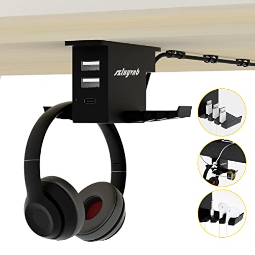 Headset Holder with USB Port Under Desk Headphone Stand Gaming Desk Accessories, Dual Earphone Hangers Hook (USB Type-C + A Included, Black, Steel & Aluminum, Tabletop Mount)