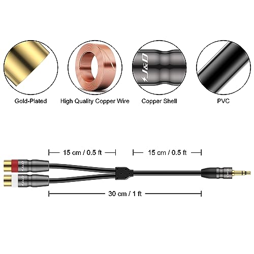 J&D 3.5 mm to Dual RCA Audio Cable, Heavy Duty 3.5mm Male to 2 RCA Female Gold Plated Copper Shell Stereo Audio Adapter Cable, 1 Feet - size: 1 Feet
