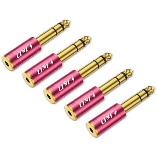 J&D 5-Pack 1/4 to 1/8 Headphone Adapter, 6.35 mm to 3.5 mm Stereo TRS Male to Female, Gold-Plated 3.5mm Plug Jack Connector for Guitar, Amp, Keyboard, Bass, Red - color: Red