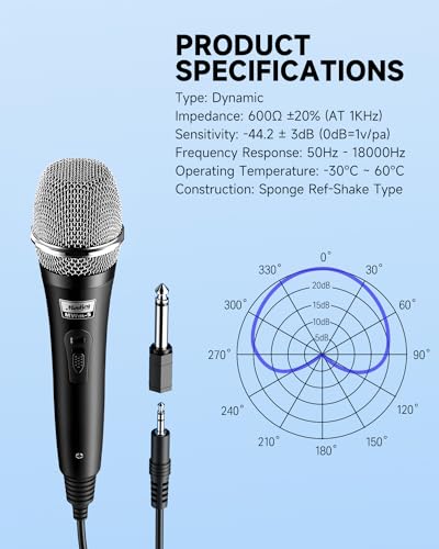 Moukey Karaoke Microphone, Dynamic Microphone with 13 ft Cable, Metal Handheld Cardioid Wired Mic, XLR Microphone for Singing, Compatible w/Karaoke Machine/PA System/Amp/Mixer, Black
