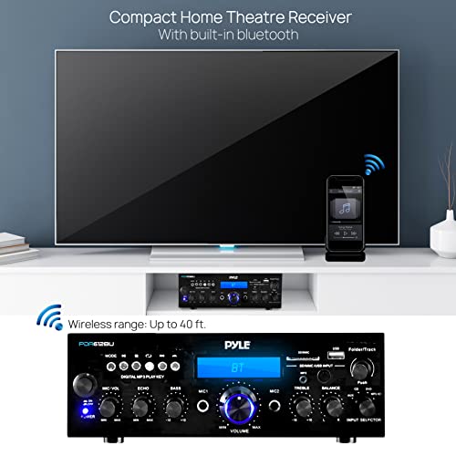 Pyle 200W Bluetooth Stereo Amplifier - Compact Desktop Power Amp Receiver with FM Radio, Karaoke Ready - Dual Mic Input with Echo, Digital LCD Display, RCA in/Out, USB-A Mp3 Player - Pyle PDA612BU
