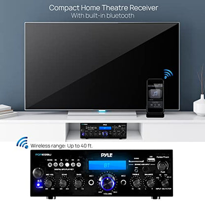 Pyle 200W Bluetooth Stereo Amplifier - Compact Desktop Power Amp Receiver with FM Radio, Karaoke Ready - Dual Mic Input with Echo, Digital LCD Display, RCA in/Out, USB-A Mp3 Player - Pyle PDA612BU