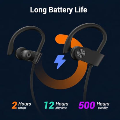 Bluetooth 5.3 Headphones, Wireless Sports In-Ear Earbuds IPX7 Waterproof | 16 Hours Playtime, Sweatproof Stereo Earphones with MIC, Noise Cancelling Headsets for Gym Running Workout, Clear Sound - color: Black