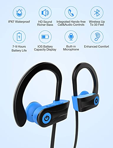 Bluetooth Headphones, Otium Wireless Sports Earbuds, Waterproof IPX7 w/Mic, HD Stereo in-Ear Earphones, Case, Fast Pairing, Gym Running Workout, 10 Hrs Battery Noise Cancelling Headsets - color: Blue