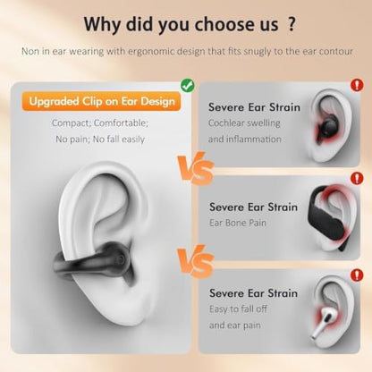 Open Ear Bone Conduction Headphones, Bluetooth Lightweight Clip On Earbuds Comfort with Digital Display Charging Case Sport Earphones Built-in Mic Waterproof for Running Fitness Exercise, Matte Black