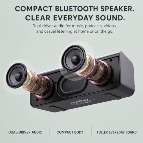 Musibaby M71 Small Portable Bluetooth Speaker, 10W, 24H, IPX5, Black | Rechargeable wireless outdoor speaker with stereo pairing, TF card, USB and AUX for camping, beach, poolside and travel.