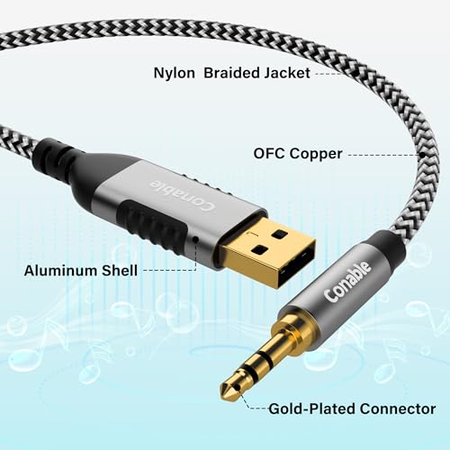 USB to 3.5mm Audio Cable 10 FT, USB A to 1/8’’ TRS Aux Jack Adapter, OFC, Nylon Braided, Gold-Plated Connector, for PC, Laptop, Speaker, PS5/4 Windows, Headphones, Not for Recording and Microphone - size: 10FT