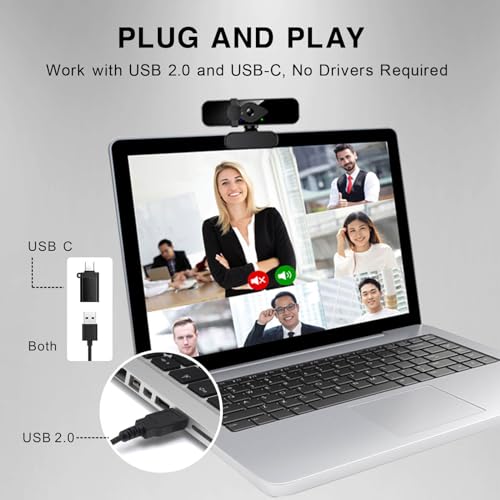 2K Ultra HD Webcam, Computer Camera for PC Monitor Laptop Desktop - External Web Cameras with Microphone, USB C Adapter, Privacy Cover for Video Conferencing, Streaming & Online Learning - style: 2K Webcam + USB C Adapter