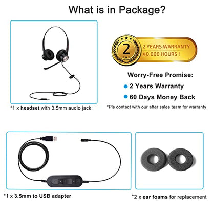 USB Headset with Noise Cancelling Microphone for PC, Laptop, Call Center/Office, Lightweight USB-A/3.5mm Audio Jack Headphones for Zoom, Teams, Webinar, Dragon, Remote Work, Online Meetings
