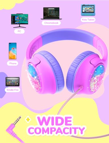 iClever 코드가 있는 아동용 헤드폰, 오버 이어 남아 여아 학교 여행용 | SafeSound Tech, 스테레오 사운드, 접이식, 조절 가능, 3.5mm 잭, 내구성, 학교용 경량 아동용 헤드폰, 핑크 글리터 - color: D-핑크 글리터
