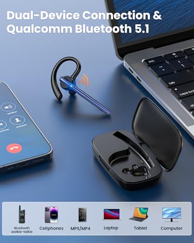 New Bee Bluetooth Headset V5.1 72H Talk Time Dual Mic with Mute Button for Business, Wireless Hand-Free Bluetooth Earpiece with 500mAh Charging Case for Cell Phone Calls Trucker Driver Laptop - color: Blue, style: M54