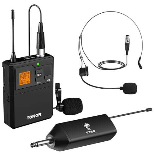 TONOR UHF Wireless Microphone System, 1 Set of Bodypack & Lavalier Mic | UHF Headset Lapel Mic, Rechargeable Receiver, 15 Channels 60 m/200ft Range 1/4" Output for Teaching, Recording ,Tour Guide