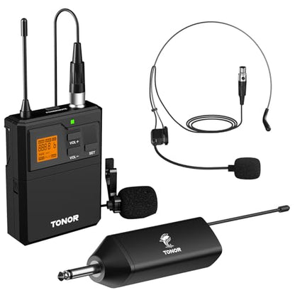 TONOR UHF Wireless Microphone System, 1 Set of Bodypack & Lavalier Mic | UHF Headset Lapel Mic, Rechargeable Receiver, 15 Channels 60 m/200ft Range 1/4" Output for Teaching, Recording ,Tour Guide