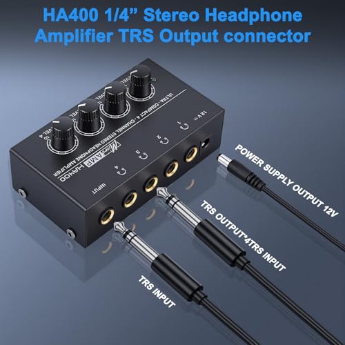 4 Channel Headphone Amplifier, Mini Metal Stereo Audio Amp with 1/4" TRS Input & 4 TRS Outputs, 12V Power Adapter, Portable Headphone Splitter Amplifier for PC, Guitar, Studio, Stage