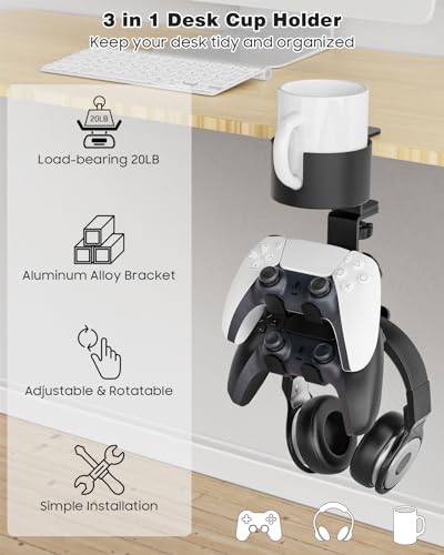 MoKo Desk Controller Holder with Headphone Hanger - 3 in 1 Rotating Desk Cup Organizer Gaming Accessories Stand Desk Clamp Mount Controller Stand for Xbox One/360, PS5, PS4, Switch, Steam, Black