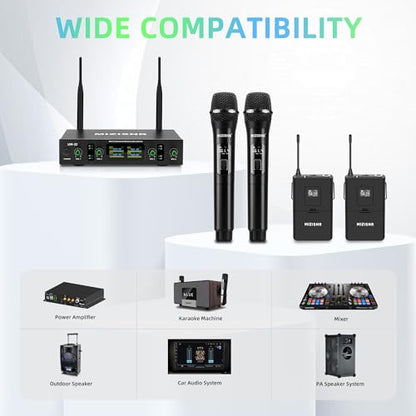 Lapel Wireless Microphone System with Headset & Lavalier Mics, 4 Channel UHF Metal Receiver with 2 Handheld Microphones & 2 Bodypacks, 300ft Range for Singing, Church, Karaoke, Wedding