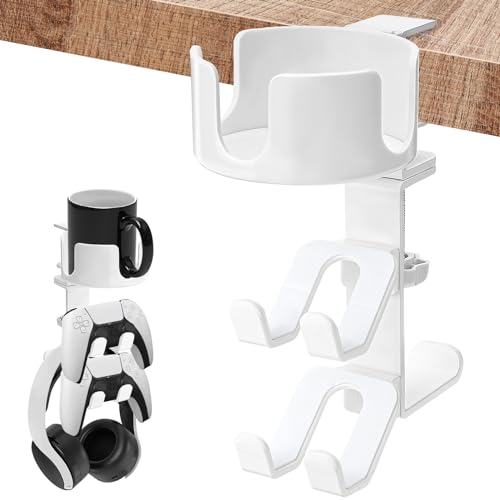 welltop 4 in 1 Controller Holder with Desk Cup Holder & Headphone Hanger, Rotatable Under Desk Clamp Controller Holder Dual Gamepad Headset Stand Gaming Desk Accessories for Xbox, PS4, PS5, PC, Switch
