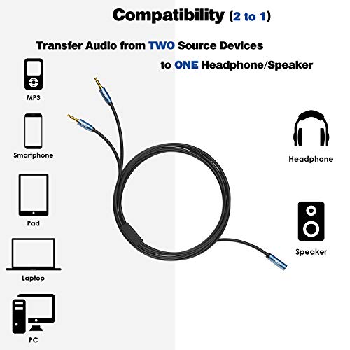 Audio Splitter Female to 2 Male 3.5mm TRS Audio Splitter Cable 8 FT | Sapphire Blue, Gold-Plated, 1/8 Female to 2-Male Aux Stereo Headphone Adapter Cable for Phone, PC, MP3, Earphone, Speaker - style: TRS Female Jack to 2 Male