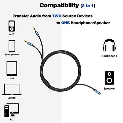 Audio Splitter Female to 2 Male 3.5mm TRS Audio Splitter Cable 8 FT | Sapphire Blue, Gold-Plated, 1/8 Female to 2-Male Aux Stereo Headphone Adapter Cable for Phone, PC, MP3, Earphone, Speaker - style: TRS Female Jack to 2 Male