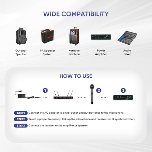 Wireless Microphone System, 4 Channels UHF Metal Cordless Handheld Wireless Mics Set - Adjustable Frequencies, Auto Scan, 165ft Range for Karaoke Singing Meeting Church Wedding (BLM404) - size: BLM404