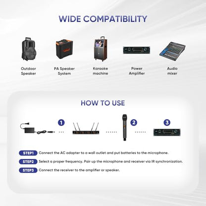 Wireless Microphone System, 4 Channels UHF Metal Cordless Handheld Wireless Mics Set - Adjustable Frequencies, Auto Scan, 165ft Range for Karaoke Singing Meeting Church Wedding (BLM404) - size: BLM404