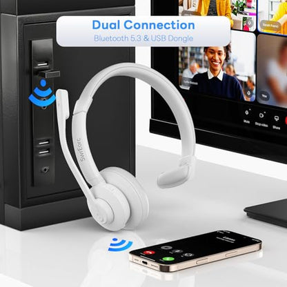 Bluetooth Headset, Wireless Headset with Mic for Work, Advanced AI Noise Cancelling Microphone (Clear Calls & Mic Mute), Bluetooth 5.3, USB Dongle, Headphones with Mic, for PC/Zoom(White) - color: White
