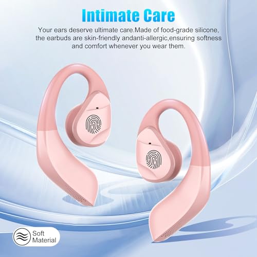 Open Ear Headphones, Wireless Earbuds with Smart Digital Display, Lightweight Design Air Conduction Earbuds with Mic Fit Cycling, Running, Workout (Pink) - color: Pink
