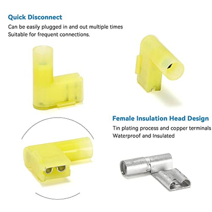 HKS 50 PCS Flag Spade Terminals 90 Degree Female - Yellow 12-10 AWG - Nylon Quick Disconnect Wire Connector - Right Angle - Crimp Insulated - color: 50PCS Yellow