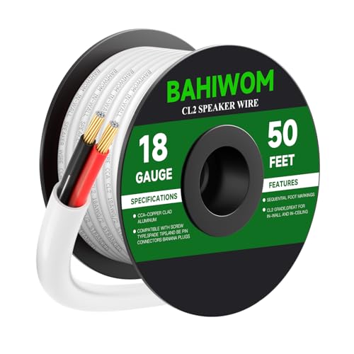 White Speaker Wire 18 Gauge 50FT CL2 Rated CCA Speaker Cable | Flexible PVC Jacket 2 Conductors Red & Black Polarity Mark for Home Theater,Indoor,In-Wall,In-Ceiling & Marine - size: 50 FT, style: 18GAUGE