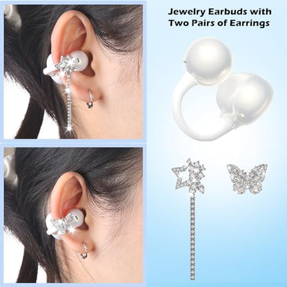 Clip on Earbuds with Detachable Butterfly & Star Jewelry Earrings Lightweight Bluetooth 6.0 Open Ear Wireless Headphones for Women Gifts Sport Workout