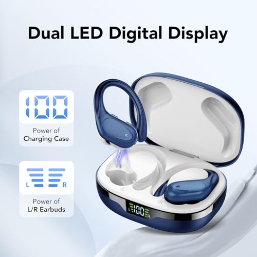 Ear buds Wireless Earbuds Bluetooth 5.3 Headphones 60hrs Playtime with Digital Display Sports Wireless Headphones with Earhook Deep Bass IPX7 Waterproof Over-Ear Earbuds for Android iOS Workout Blue - color: Blue