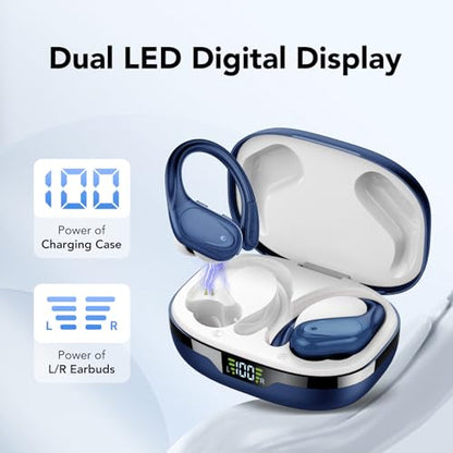 Ear buds Wireless Earbuds Bluetooth 5.3 Headphones 60hrs Playtime with Digital Display Sports Wireless Headphones with Earhook Deep Bass IPX7 Waterproof Over-Ear Earbuds for Android iOS Workout Blue - color: Blue