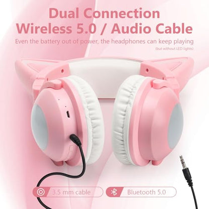Cat Ear Bluetooth Headphones for Kids Adult, LED Gaming Headset | Toddler Girl Headphones, Bluetooth Over Ear Headphones with Microphone,Foldable,Phone/PC/Tablet/TV Compatible,Pink - color: Pink